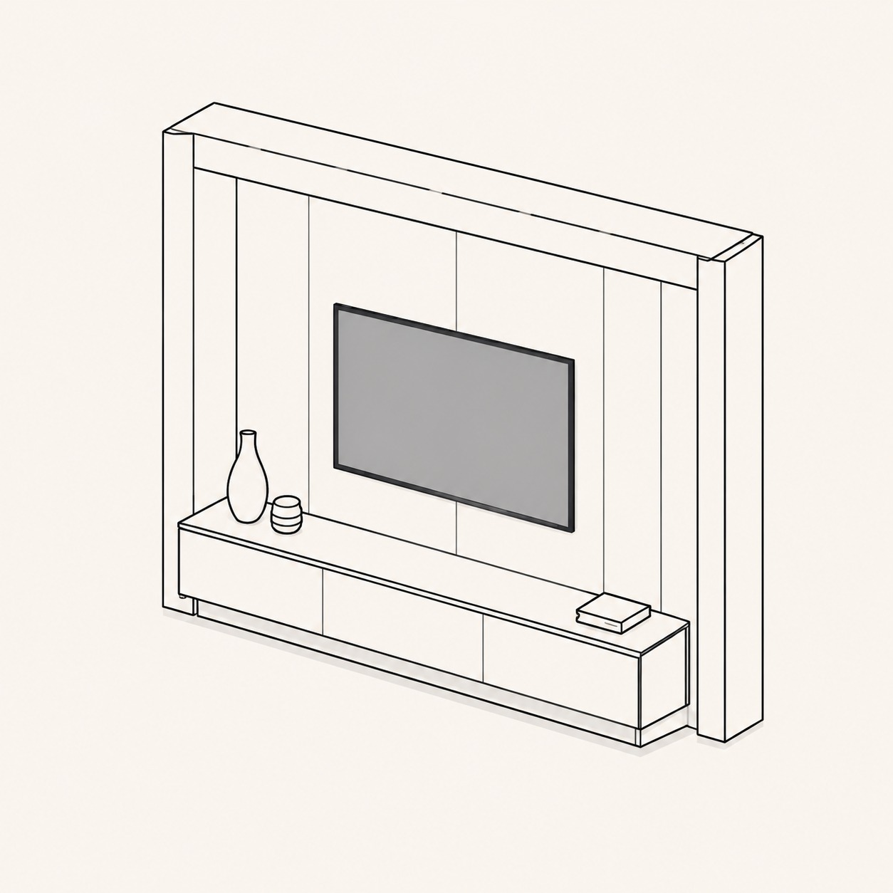 Minimalist built-in TV feature wall with warm cove lighting — view 4