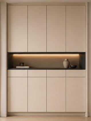 Minimalist built-in TV feature wall with warm cove lighting — view 2