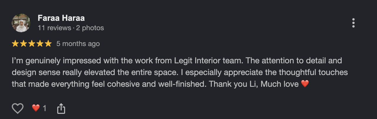 Google review 3 for Legit Interior