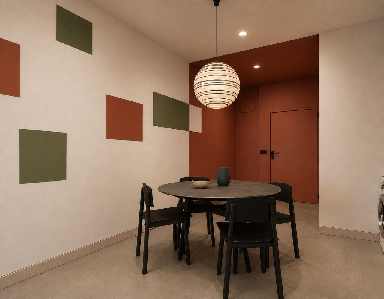 Styled short-stay apartment dining area with pendant lights and feature wall — view 4