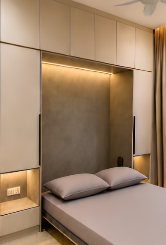 Built-in bunk bed with storage stairs and warm wood finish — view 1
