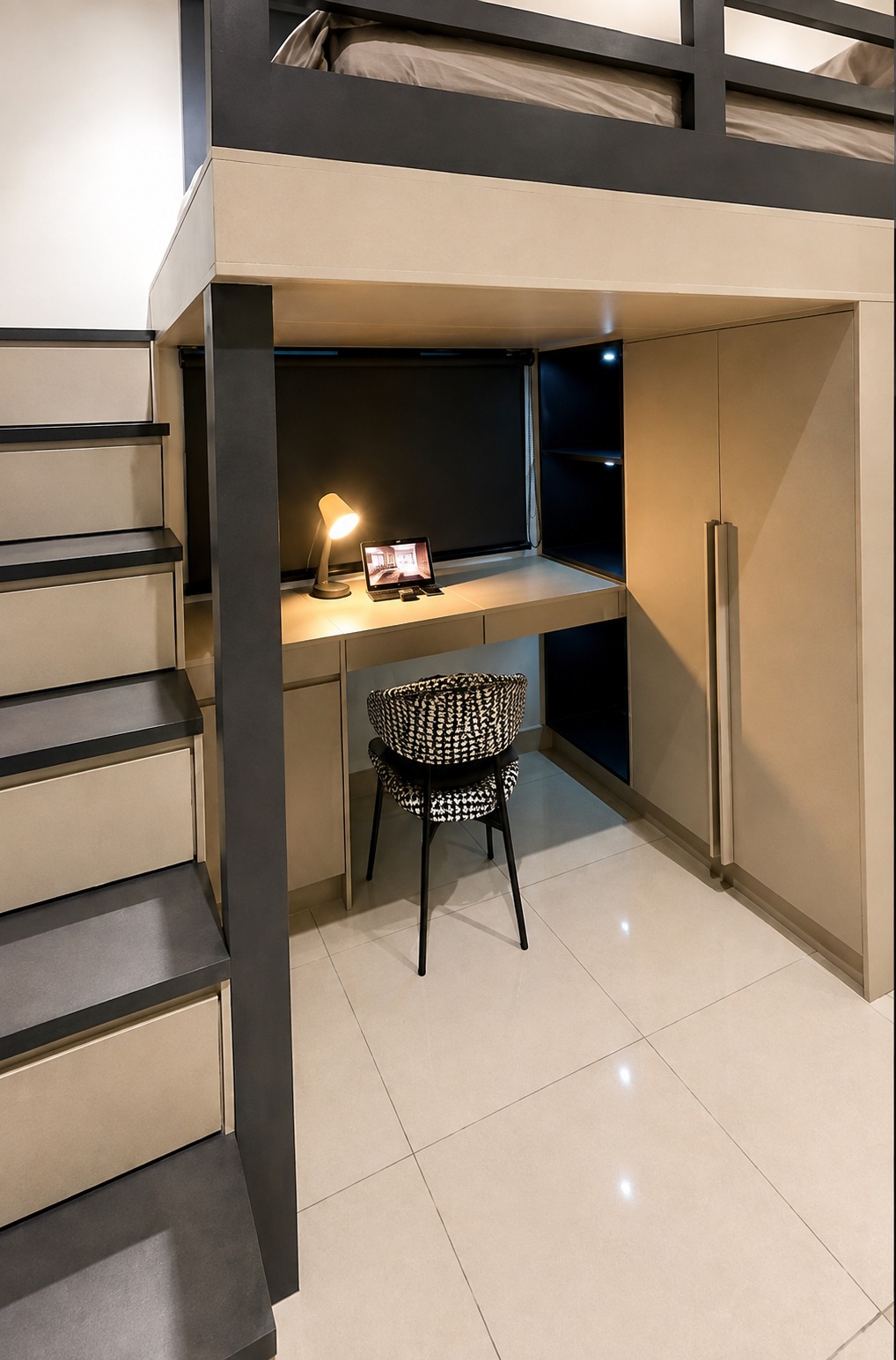 Built-in bunk bed with storage stairs and warm wood finish — view 3