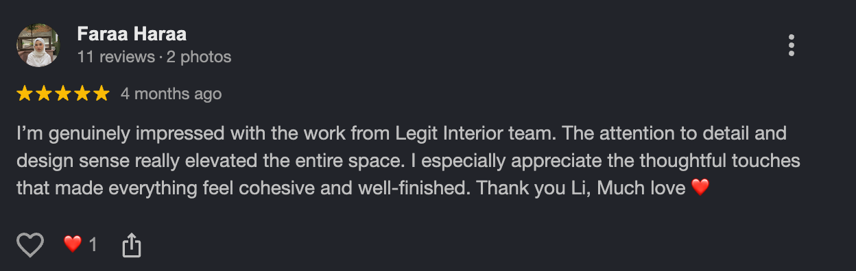 Google review for Legit Interior