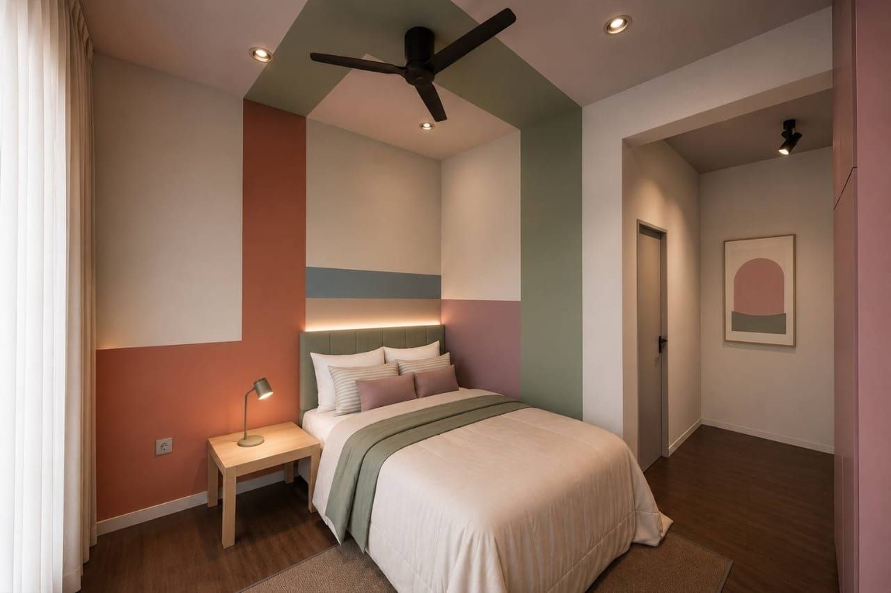 Styled short-stay apartment dining area with pendant lights and feature wall — view 3