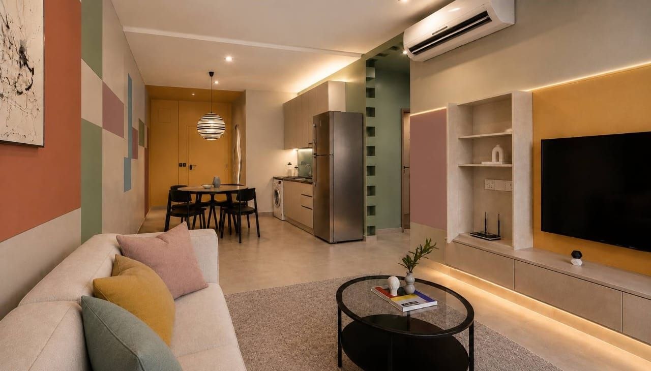 Styled short-stay apartment dining area with pendant lights and feature wall — view 1