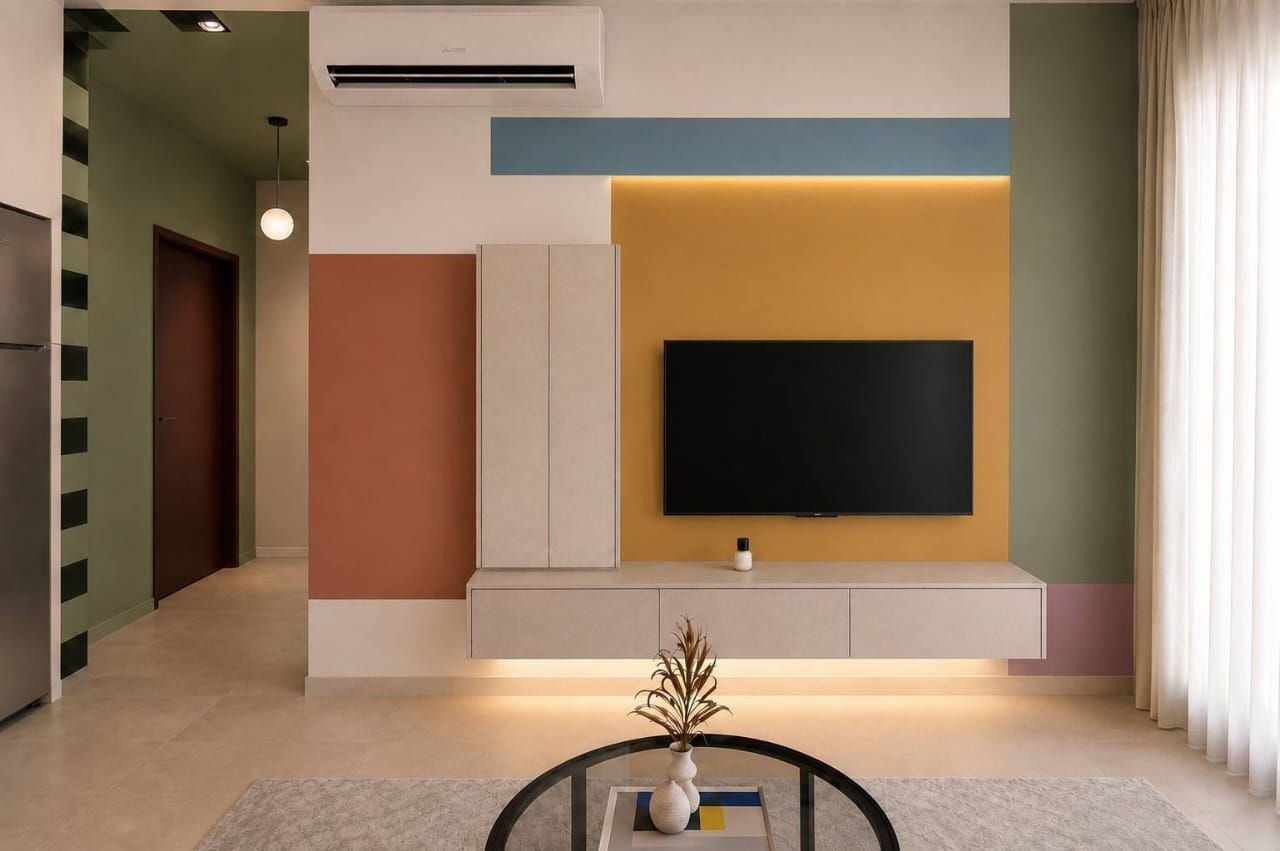 Styled short-stay apartment dining area with pendant lights and feature wall — view 2