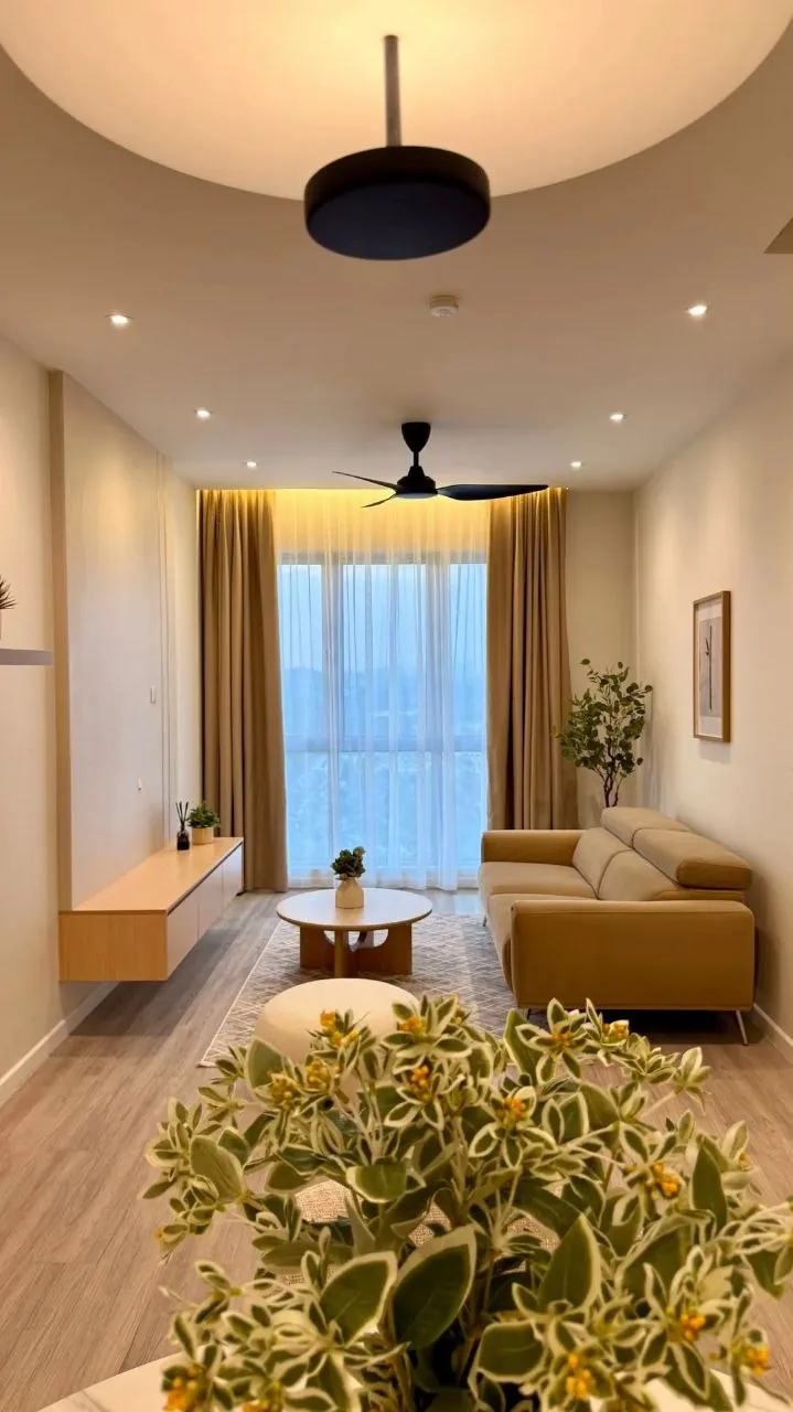 Finished condo living room with beige sofa, marble coffee table and backlit feature wall — view 4